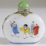 Both sides of this Chinese glass snuff bottle are painted in Famille Rose enamels and depict children. The bottle dates to the late 19th century or earlier. It has a $600-$800 estimate. Image courtesy of Midwest Auction Galleries.