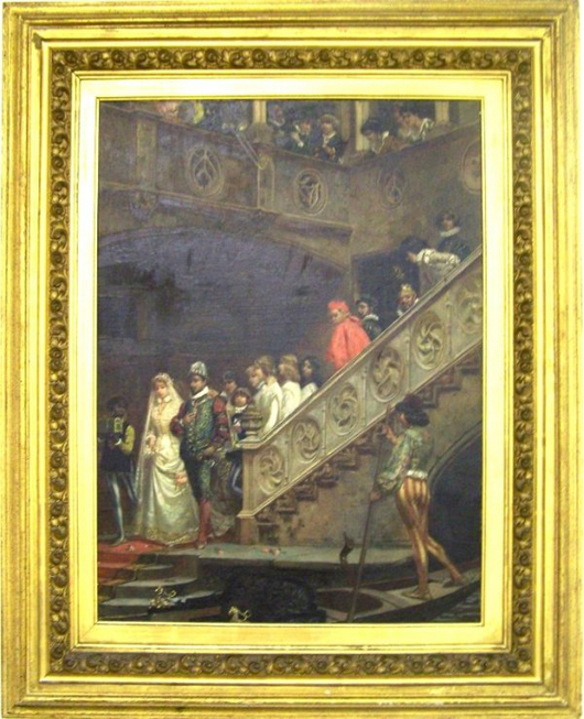 Mario Spinetti (Italian, 1848-1925) signed and dated this wedding scene ‘87.’ The painting is oil on canvas laid on board and measures 21 1/2 inches by 15 1/2 inches. It has an $8,000-$12,000 estimate. Image courtesy of Midwest Auction Galleries.