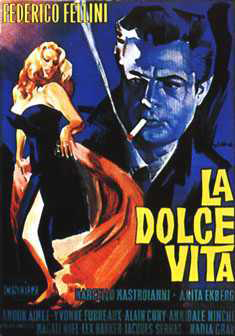 Poster for the 1960 film La Dolce Vita, whose character Papparazzo is said to have been inspired by celebrity photographer Felice Quinto. Fair use of copyrighted image provided by moviegoods.com, obtained through wikipedia.org.