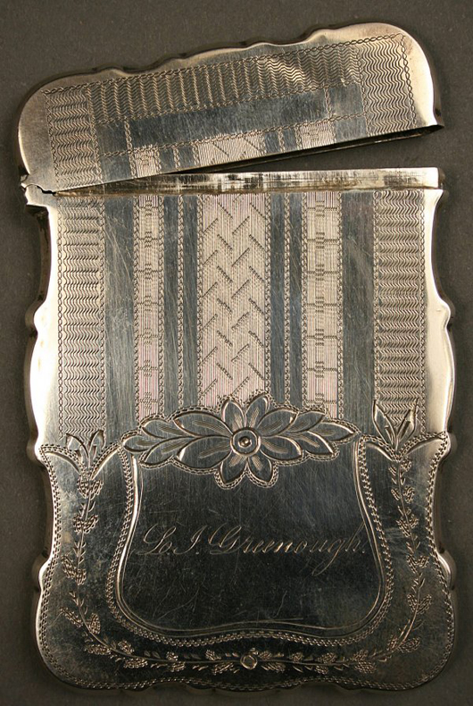 Marks on this coin silver card case identify it as the work of Tennessee silversmith David Hope. The case sold for $2,838. Image courtesy of Case Auctions.