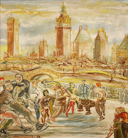 ‘Central Park Skating,’ an oil on masonite painting by Joseph Delaney (New York/Tennessee, 1904-1991), 29 inches by 31 inches, sold for $28,375. Image courtesy of Case Auctions.