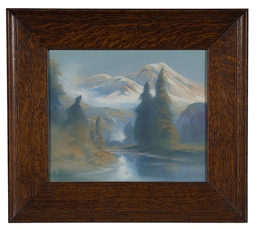 A nice Arts and Crafts oak frame holds this 10- by 12-inch Rookwood vellum plaque by Fred Rothenbusch. The impressed flame logo indicates the plaque was made in 1937. It remains uncrazed and has an $8,000-$12,000 estimate. Image courtesy of Cowan’s Auctions.