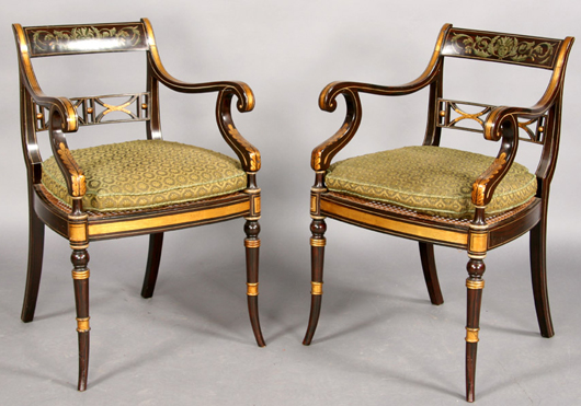 Pair of painted English Regency-style chairs. Image courtesy Kamelot Auctions.