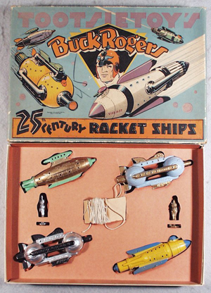 All four ships are included in this Buck Rogers set by Tootsietoy. In C8 condition, the scarce set has a $4,000-$6,000 estimate. Image courtesy of Lloyd Ralston Gallery.