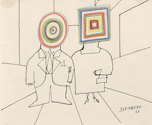 ‘Art Lovers,’ ink and colored pencil on paper, by Saul Steinberg (American, 1914-1999) sold for $22,515. Image courtesy of Skinner Inc.