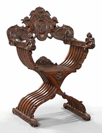 This is a carved walnut Savonarola chair made in Italy about 1875. It sold at New Orleans Auction Galleries for $1,100.