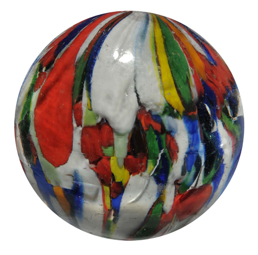Excellent example of clown onionskin marble, 1-7/16 inches in diameter. Estimate $1,000-$2,000.
