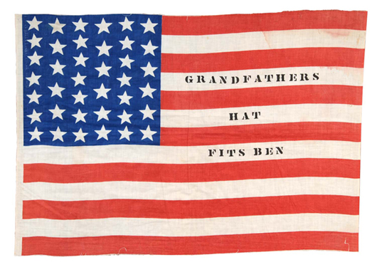 Cloth 39-star flag promoting 1888 Presidential campaign of Benjamin Harrison, grandson of the earlier U.S. President William Henry Harrison. Estimate $3,000-$4,000.