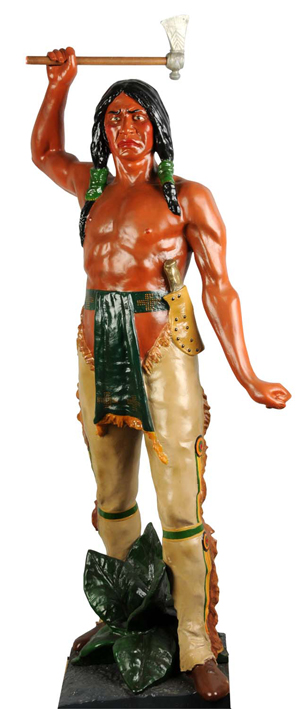 Painted zinc Indian brave tobacco figure cast in 1875 by Miller, Dubrul and Peters, 6 feet tall, featured in 1953 book Cigar Store Figures by Pendergast and Ware. Estimate $30,000-$50,000.