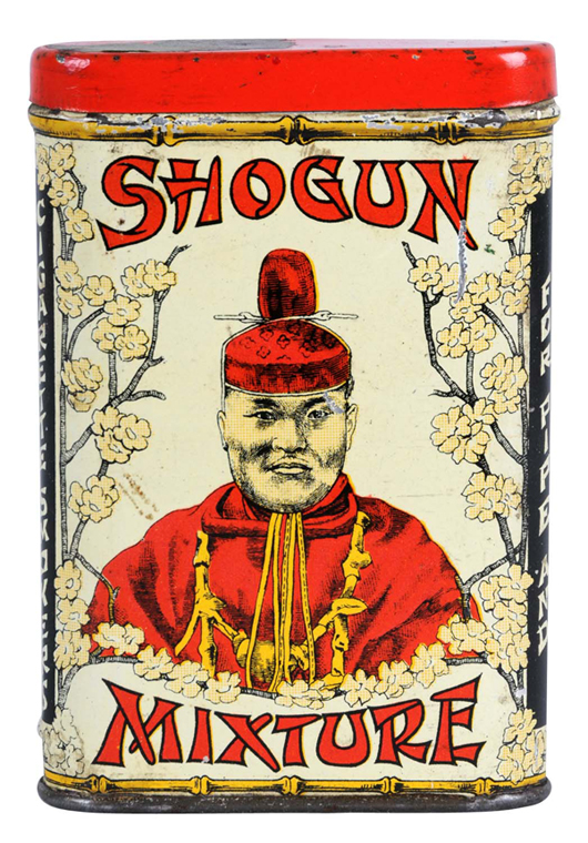 Rare Shogun vertical pocket tobacco tin, 4½ inches tall. Estimate $8,000-$12,000.
