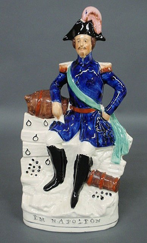 ‘Em. Napoleon’ is marked on the base of this colorful Staffordshire figure, which dates to the mid-1800s. The 16-inch figures has a $300-$500 estimate. Image courtesy of Wiederseim Associates Inc.
