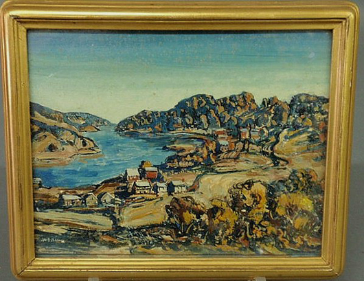 This small oil painting is signed ‘W.E. Baum’ and carries an exhibition label. It is expected to climb to $2,500-$3,500. Image courtesy of Wiederseim Associates Inc.