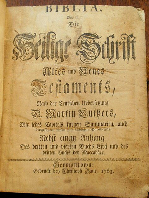 This 1763 Saur Bible is considered rare and valuable to Pennsylvania Germans. It has a $2,500-$3,000 estimate. Image courtesy of Wiederseim Associates Inc.