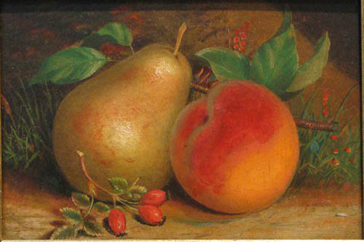 Apparently unsigned, this oil on academy board painting is of the 19th-centery American Still Life School. The 6- by 9-inch painting has a $150-$300 estimate. Image courtesy of Concept Art Gallery.