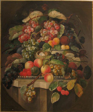 A gilded wood frame with a carved oval line holds ‘Peaches and Grapes’ by Charles Baum (American, 1812-1877). The relined oil on canvas measures 29 inches by 24 inches and has a $3,000-$5,000 estimate. Image courtesy of Concept Art Gallery.