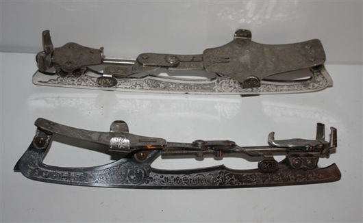 Barney & Berry of Springfield, Mass., manufactured these silver-plated ice skates in the 1870s for J.B. Styles, which is marked on the blades. Image courtesy of Karen Cameron, Antique Ice Skate Club.