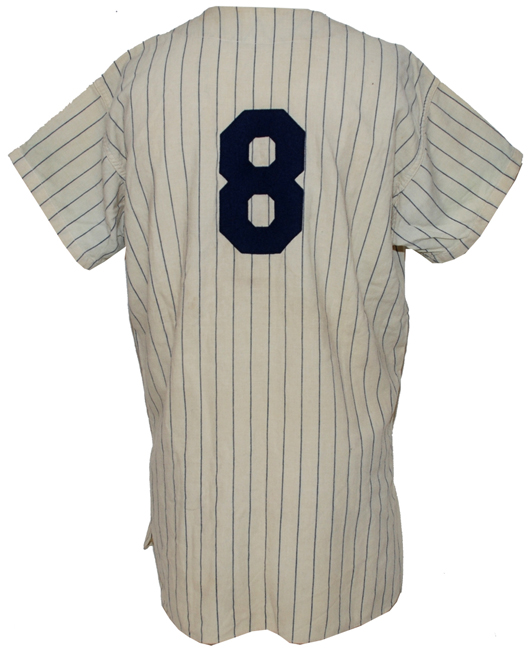 Rear view of uniform worn by Yogi Berra as catcher in 1956 World Series perfect game pitched by Don Larsen, to be offered in Grey Flannel's April 14 Summer Games Auction. Image courtesy Grey Flannel Auctions.
