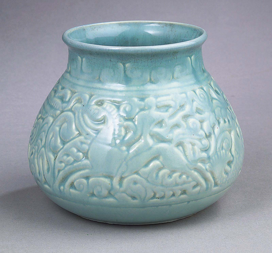 A 6-inch-high vase, decorated around 1940 with the ‘Sea, Earth and Sky’ relief pattern designed by Walter Anderson, sold in 2006 for $5,875. Image courtesy Neal Auction Co.