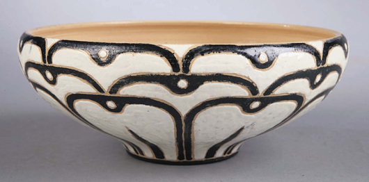 A Shearwater art pottery bowl with bold black and white decoration by Mac Anderson brought $3525 at auction in 2006. Image courtesy Neal Auction Co.
