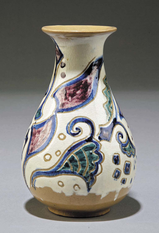 Cast by Peter Anderson circa 1950, this vase was incised and painted with a marine pattern by Walter Anderson. The Shearwater piece sold in February 2009 for $2,115. Image courtesy Neal Auction Co.