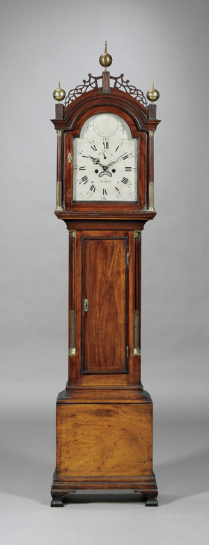 Unusually small is this Simon Willard tall clock from the late 1700s standing just 86 inches high. It has a $30,000-$50,000 estimate. Image courtesy Skinner Inc.