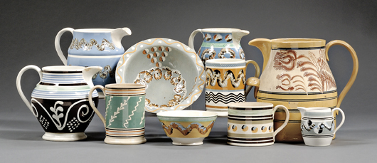 Estimates range from $200 to $1,200 for these individual pieces of distinctly decorated mocha pottery. Image courtesy Skinner Inc.