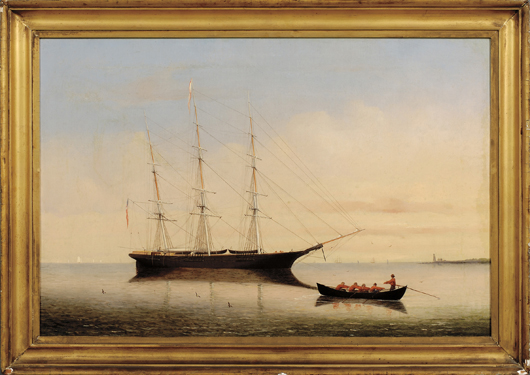 William Bradford (American, 1823-1892) painted this ‘Portrait of the Whaleship Young Hector off Clark's Point, New Bedford.’ The 20- by 30-inch oil on canvas has a $60,000-$80,000 estimate. Image courtesy Skinner Inc.
