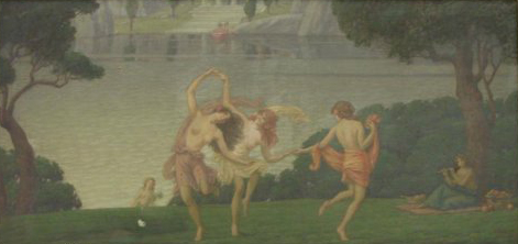 Nymphs dancing on the shore are the subjects of this oil on canvas by Andrew Thomas Schwartz (American, 1867-1942). ‘Arrival of Spring,’ 24 1/4 inches by 47 3/4 inches, has a $3,000-$4,000 estimate. Image courtesy Professional Appraisers & Liquidators LLC.