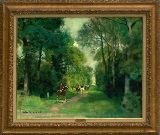 French artist Jules Rene Herve’s reputation for shimmering colors comes through in this oil painting titled ‘Bois de Meudon.’ The 23 1/4- by 28 1/2-inch oil on canvas has a $6,000-$8,000 estimate. Image courtesy of Auction Gallery of the Palm Beaches Inc.