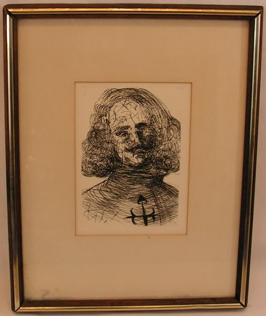 Collectors Guild published this Salvador Dali etching titled ‘Velazquez.’ The visible paper size of the print is 5 1/2 inches by 7 1/2 inches; the frame is 15 inches by 12 inches. It has a certificate of authenticity and a $100-$100 estimate. Image courtesy Auction Ten.