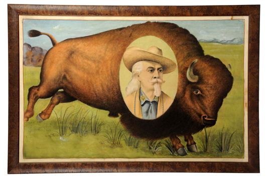 Circa-1880 to 1890 hand-painted linen poster of Buffalo Bill superimposed against a realistic running buffalo, burl-walnut frame, $14,375. Image courtesy Dan Morphy Auctions.
