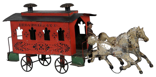 Circa-1870s George Brown stenciled tinplate 'Broadway & 42nd Street' horse-drawn trolley, $6,325. Image courtesy Dan Morphy Auctions.