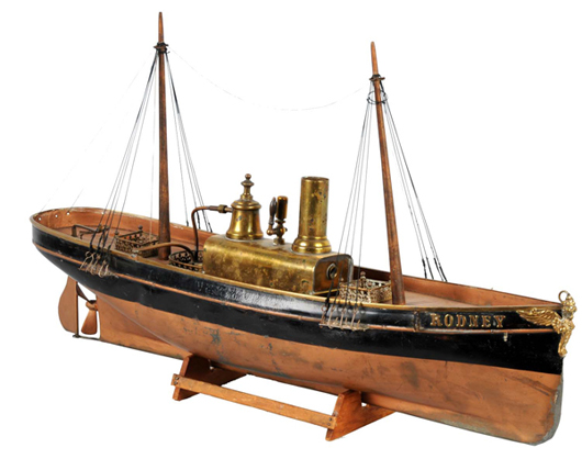 Circa-1900 Radiguet (French) steam-driven ship 'Rodney,' 20½ inches long, with original masthead, two masts and Radiguet boiler and engine, $6,325. Image courtesy Dan Morphy Auctions.