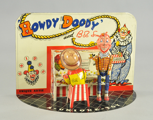 Unique Art lithographed-tin store display featuring characters from the classic postwar children’s TV show Howdy Doody, 15 inches wide by 10 inches high, conservatively estimated at $3,000-$4,000 because of no known comparables. Image courtesy Bertoia Auctions.