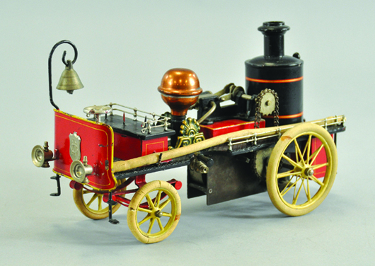 Circa-1920 Marklin hand-painted clockwork fire pumper with moving gears and pistons; rubber tires, 11½ inches long, $30,000-$35,000. Image courtesy Bertoia Auctions.