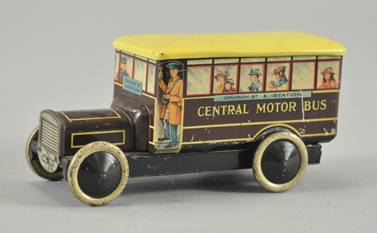 Central Motor Bus biscuit tin, Mansfield, England; lithographed tin, 7½ inches long, destination on front and sides, $1,200-$1,500. Image courtesy Bertoia Auctions.