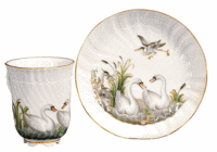 This colorful 19th-century cup and saucer is copied from the famous Meissen Swan set of the 1730s. It sold recently at a Skinner auction for $593.