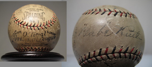 1923 New York Yankees team-autographed baseball, includes signature of Babe Ruth. Accompanied by certificate of authenticity. Estimate $5,000-$7,000. Image courtesy Auctions Neapolitan.