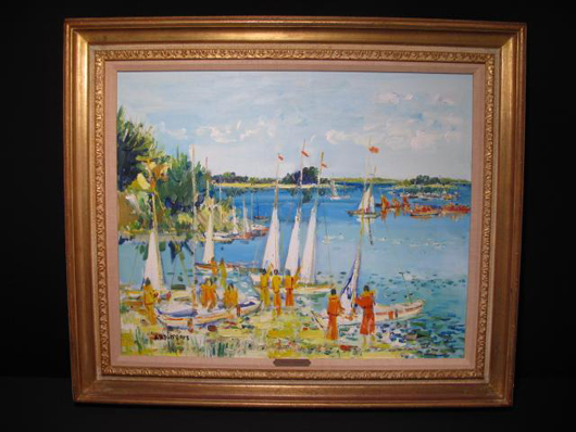 Yolande Ardissone (French, b. 1927-) oil painting of boats in harbor. Estimate $2,000-$3,000. Image courtesy Auctions Neapolitan.