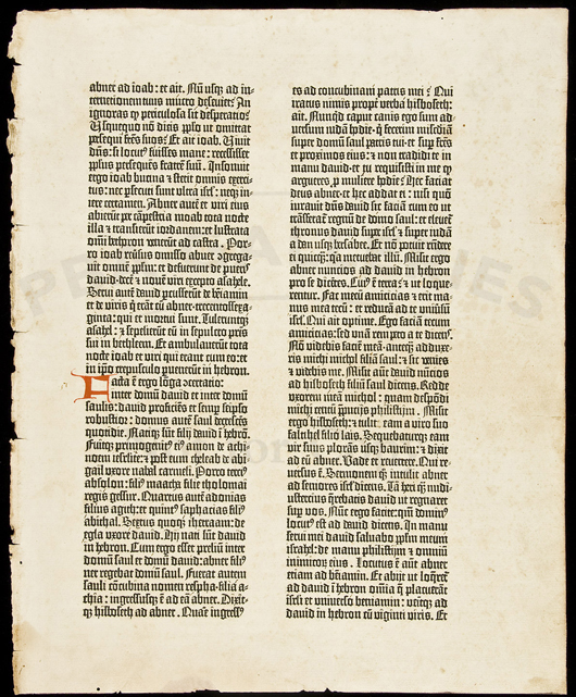 Original pages from Bibles printed by Johannes Gutenberg are prized and valuable. This example dating to 1450-1455 carries a $40,000-$50,000 estimate. Image courtesy PBA Galleries.