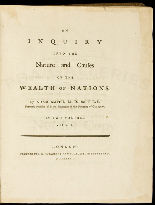 Adam Smith's ‘An Inquiry into the Nature and Causes of the Wealth of Nations’ was a groundbreaking analysis of capitalist economics when first published in London in 1876. The two-volume set has a $50,000-$80,000 estimate. Image courtesy PBA Galleries.