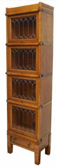 The Globe-Wernicke Co. of Cincinnati manufactured this six-piece stacking oak bookcase with beveled leaded glass doors. This scarce narrow unit, only 17 inches wide, stands 65 inches high. It is estimated at $1,000-$2,000. Image courtesy Austin Auction Gallery.