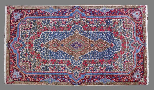 In perfect condition, this Persian Lavar Kirman, 4 feet by 7.03 feet, was made circa 1920. It has a $1,500-$2,500 estimate. Image courtesy Kimball M. Sterling Inc.