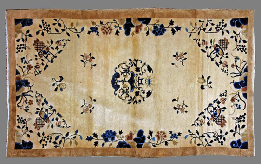 Handmade circa 1890, this Peking Chinese rug has survived in perfect condition. Measuring, 4 feet by 6.08 feet, the rug has a $2,000-2,500 estimate. Image courtesy Kimball M. Sterling Inc.