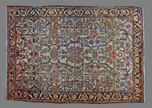 Saving the best until last, Kimball Sterling will roll out this Persian Feraghan, 4.07 feet by 6.05 feet, circa 1880, which is expected to sell for $12,000-$15,000. Image courtesy Kimball M. Sterling Inc.