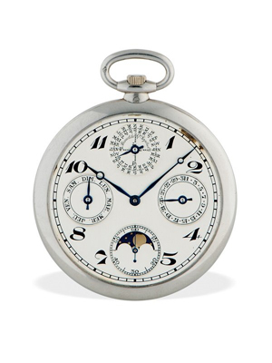 Former New England Patriots tackle Tom Neville may be starting a fashion trend with his preference for pocket watches like this classic, which sold in Patrizzi & Co.’s auction in October. This gentleman’s Verger Frères perpetual calendar pocket watch was made in Paris circa 1925. It has a platinum case and displays the phases of the moon. It sold for about $9,000. Image courtesy Patrizzi & Co. Auctioneers and Live Auctioneers Archive.