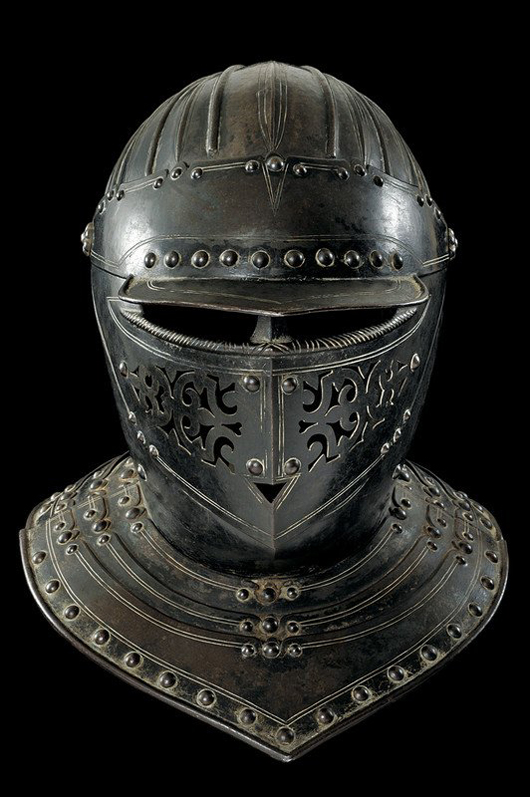 This helmet probably belonged to a guard of King Louis XIII of France (1638-1715).  It has a $34,400-$41,300 estimate. Image courtesy Czerny’s International Auction House.
