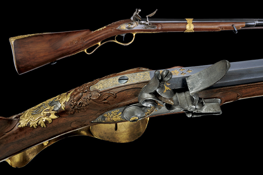 Exhibiting craftsmanship fit for a king, this flintlock sporting gun was the property of Friedrich Wilhelm II of Russia during the last quarter of the 18th century. This elegant smoothbore weapon has a $34,400-$41,300 estimate. Image courtesy Czerny’s International Auction House.