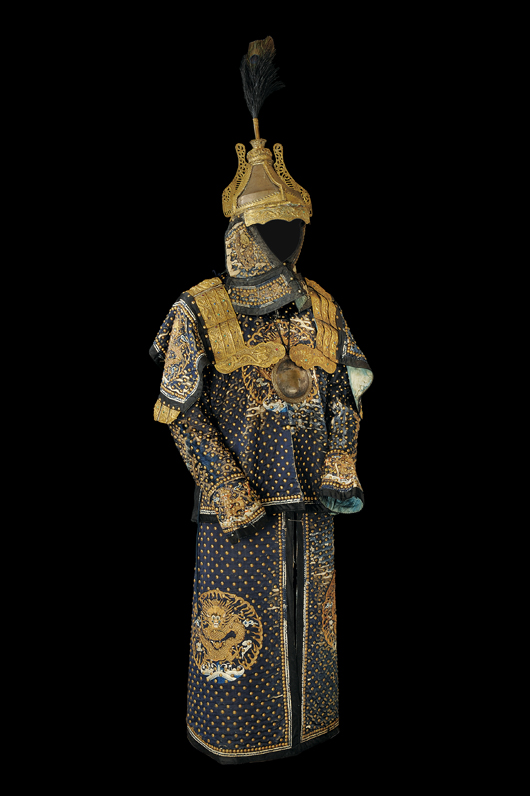 Brass-plate medallions with dragons in bas-relief adorn this 18th-century Chinese suit of studded armor. It is estimated at $20,300-$24,700. Image courtesy Czerny’s International Auction House.