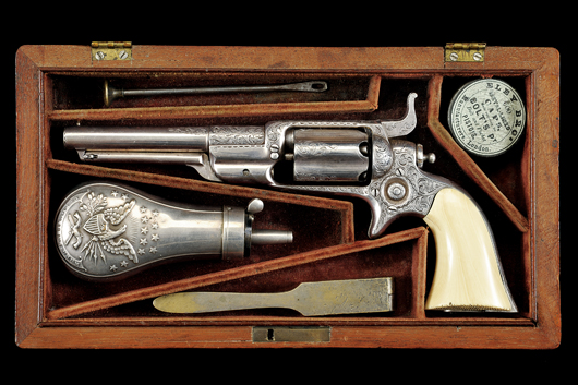 Union Col. Lewis R. Stegman, who was gravely wounded in the Civil War, was presented this engraved Colt Model 1855 Root revolver, which is in its original case. It carries a $13,750-$20,627 estimate. Image courtesy Czerny’s International Auction House.